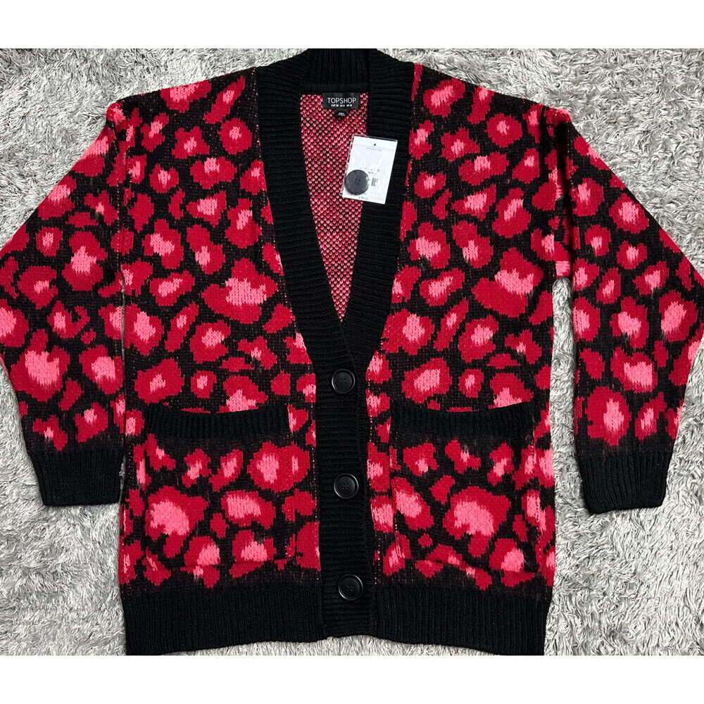 Topshop Women's Long Sleeve Cardigan Sweater Red Pink Black Print Size 6 US $70